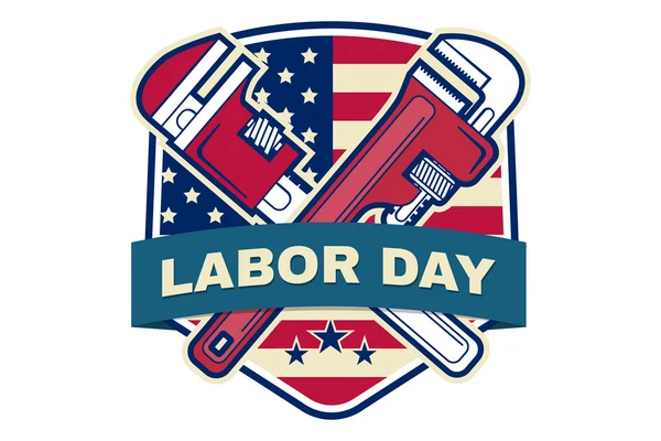 Labor day badge emblem with wrenches and American flag. — Stock Vector