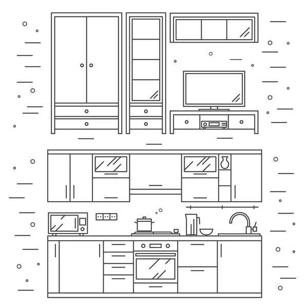 Cocina moderna pared y sala de estar interior . — Archivo Imágenes Vectoriales