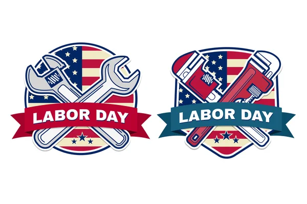 Labor day badge emblem with wrenches and American flag. — Stock Vector