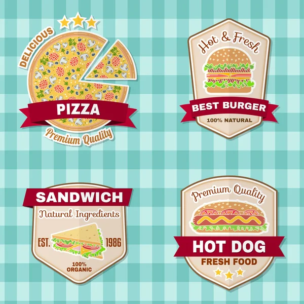 Conjunto de insignias vintage de comida rápida, pancartas y emblemas de logotipo . — Vector de stock