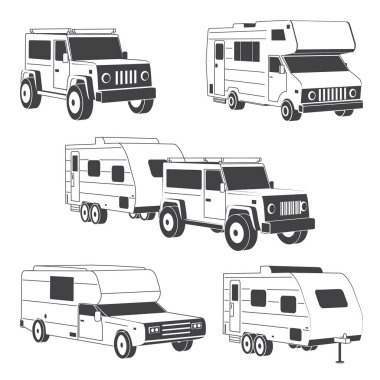 İzometrik karavan kamyonu seti ince çizgi ve siluet 3d karavan karavan aile karavan taslak ikonu. Karavan karavanı beyazda izole edilmiş. Yaz kampı aile seyahati konsepti. Vektör