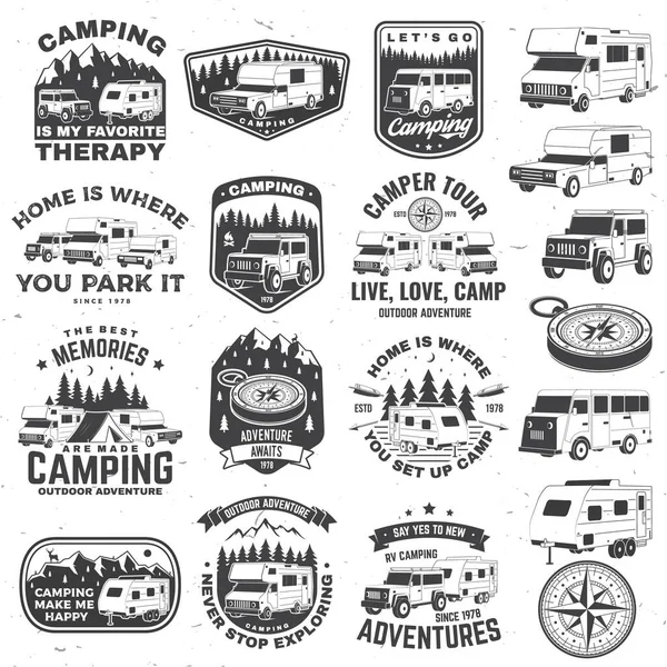 Set camperbadges, patches. Vector. Concept voor shirt of logo, bedrukking, stempel of tee. Vintage typografie ontwerp met camper, campingaanhanger en off-road silhouet. — Stockvector