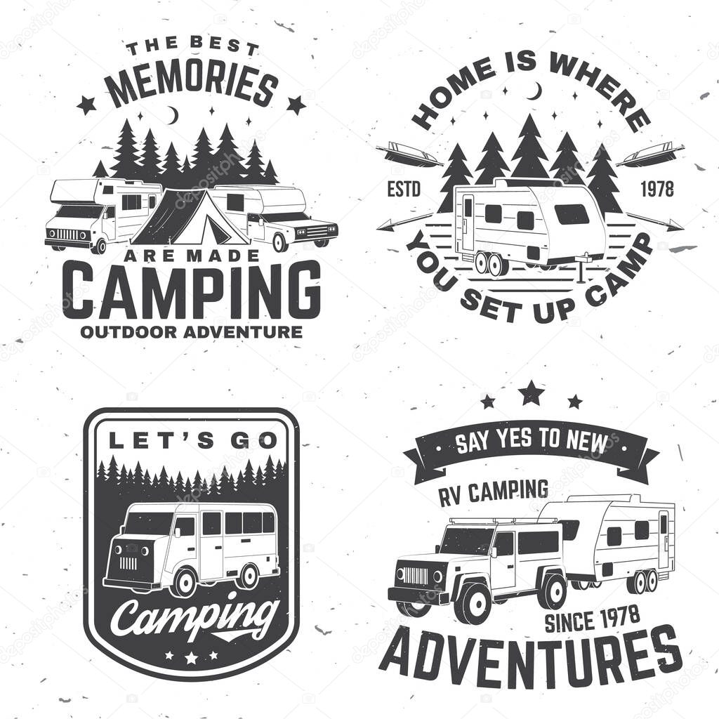 Set of rv camping badges, patches. Vector illustration. Concept for shirt or logo, print, stamp or tee. Vintage typography design with RV Motorhome, camping trailer and off-road car silhouette.
