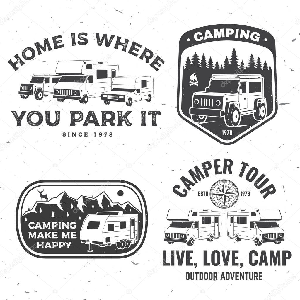 Set of rv camping badges, patches. Vector illustration. Concept for shirt or logo, print, stamp or tee. Vintage typography design with RV Motorhome, camping trailer and off-road car silhouette.