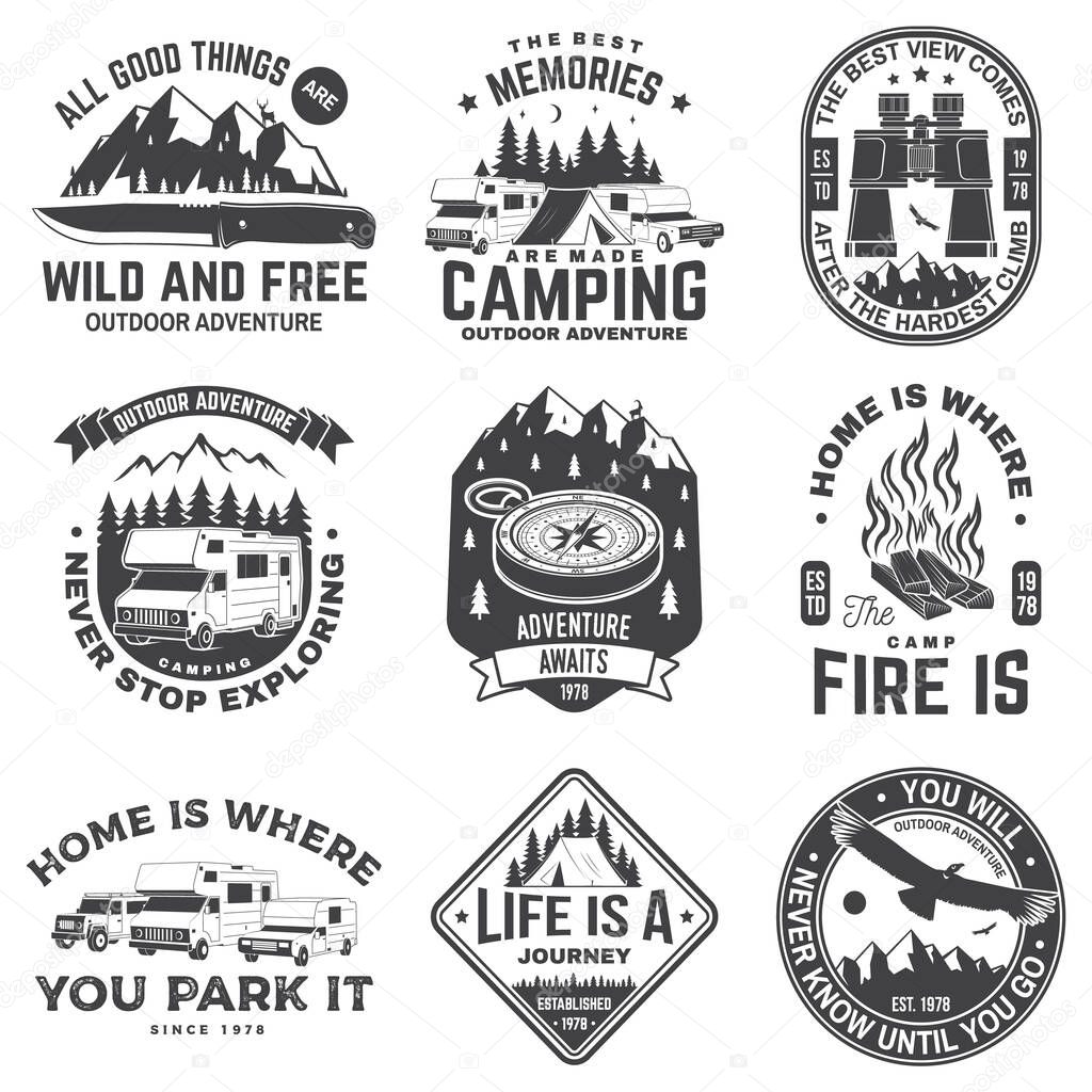 Set of rv camping badges, patches. Vector illustration. Concept for shirt or logo, print, stamp or tee. Vintage typography design with RV Motorhome, camping trailer and off-road car silhouette.