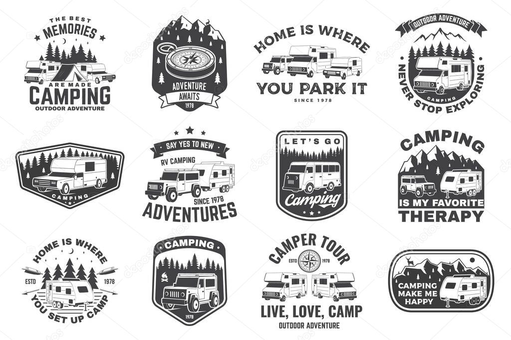 Set of rv camping badges, patches. Vector illustration. Concept for shirt or logo, print, stamp or tee. Vintage typography design with RV Motorhome, camping trailer and off-road car silhouette.