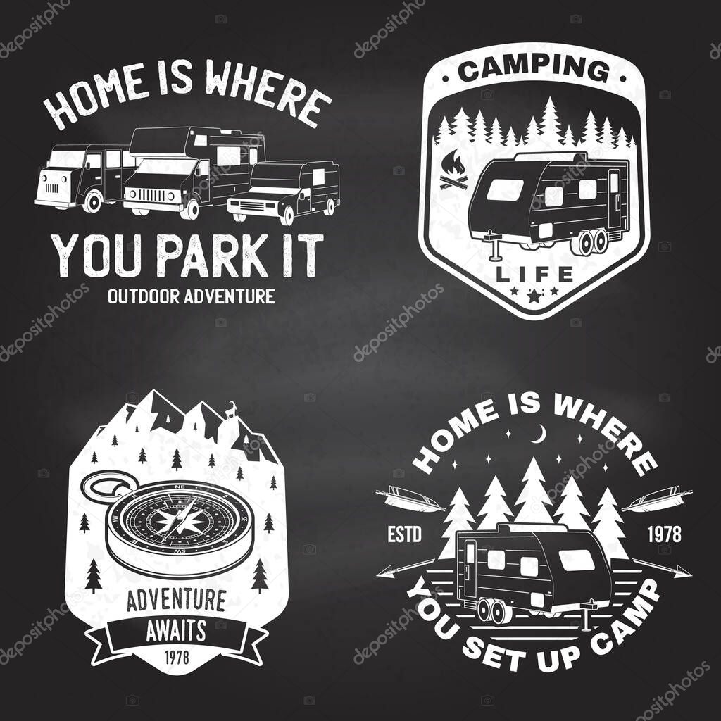 Set of outdoor adventure quotes. Vector. Concept for shirt or logo, print, stamp or tee. Vintage design with mountains, camping trailer, camper van and forest silhouette