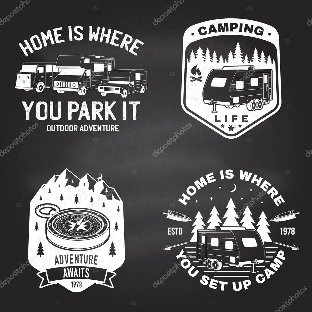 Set of outdoor adventure quotes. Vector illustration. Concept for shirt or logo, print, stamp or tee. Vintage design with mountains, camping trailer, camper van and forest silhouette