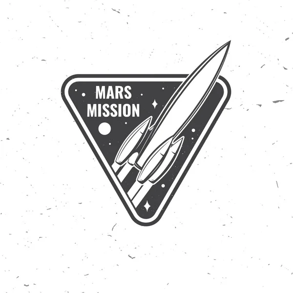 Logo de la mission Mars, badge, patch. Vecteur. Concept pour chemise, imprimé, timbre, superposition ou gabarit. Design typographique vintage avec fusée spatiale et silhouette de mars. — Image vectorielle