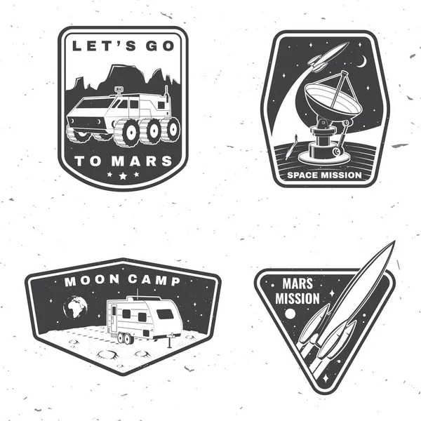 Set of space mission logo, badge, patch. Vector Concept for shirt, print, stamp, overlay or template. Vintage typography design with space rocket, camper van on the moon and earth silhouette. — Stock Vector