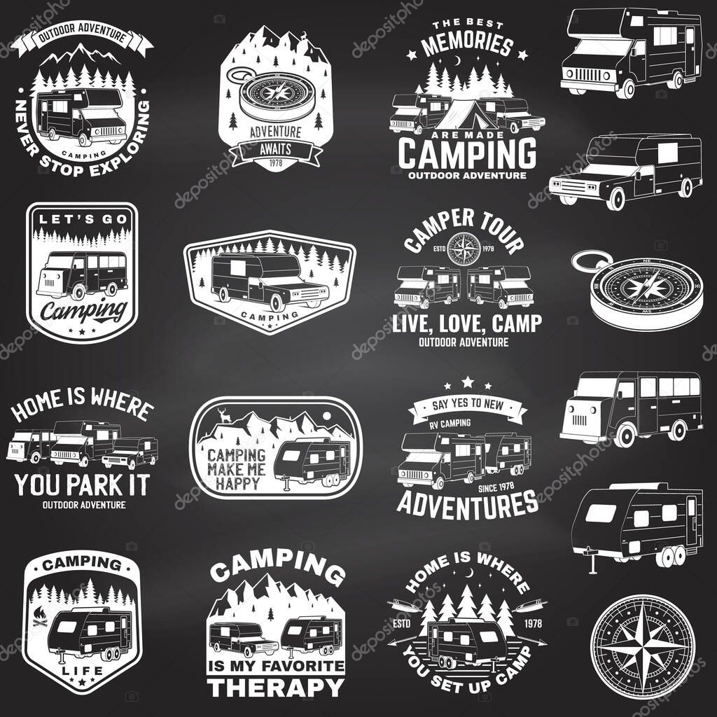 Set of outdoor adventure quotes. Vector illustration. Concept for shirt or logo, print, stamp or tee. Vintage design with mountains, camping trailer, camper van and forest silhouette