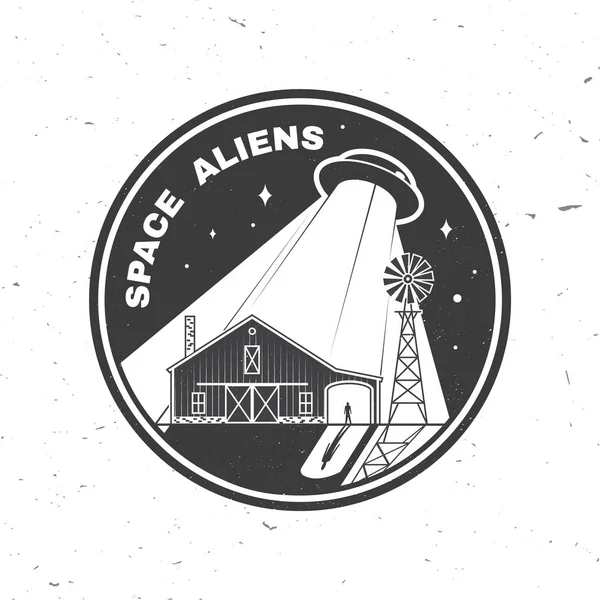 Space Aliens. Humans are not alone. Vector illustration Concept for shirt, print, stamp, overlay or template. Vintage typography design with ufo flying spaceship and farm silhouette. — Stock Vector