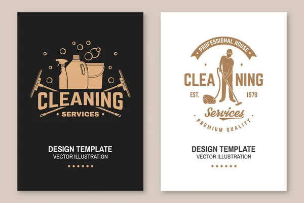 Cleaning company covers, invitations, posters, banners, flyers. Vector. Vintage typography design with cleaning equipments. Cleaning service template for company related business — Stock Vector
