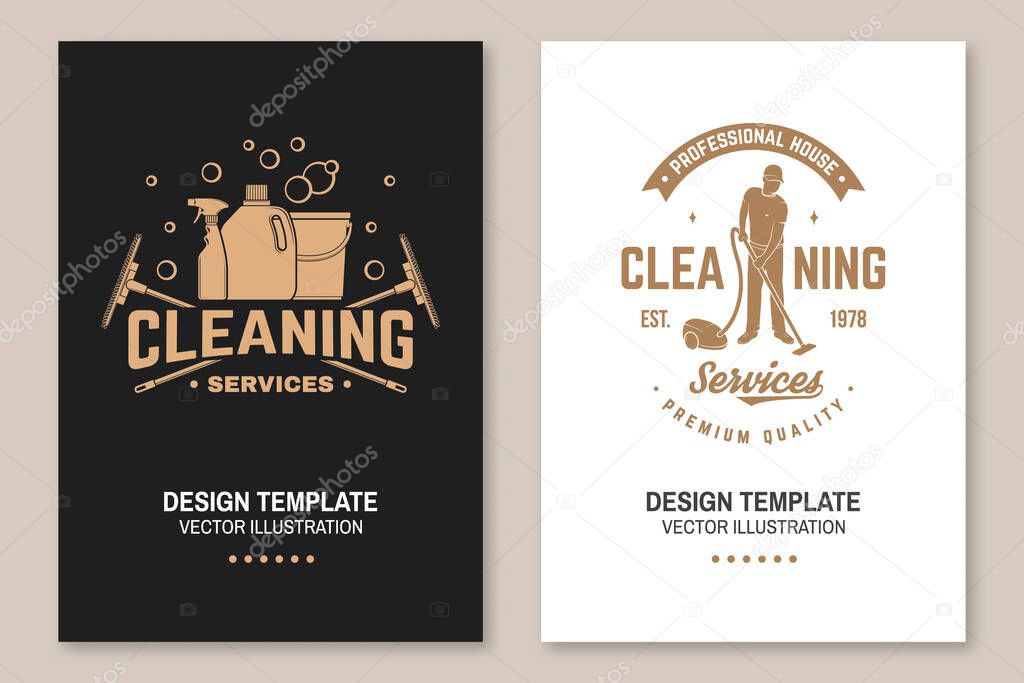 Cleaning company covers, invitations, posters, banners, flyers. Vector illustration. Vintage typography design with cleaning equipments. Cleaning service template for company related business