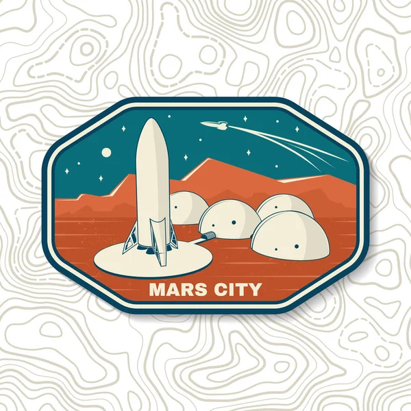 Mars city logo, badge, patch. Vector illustration Concept for shirt, print, stamp, overlay or template. Vintage typography design with space rocket and mars city silhouette. — Stock Vector