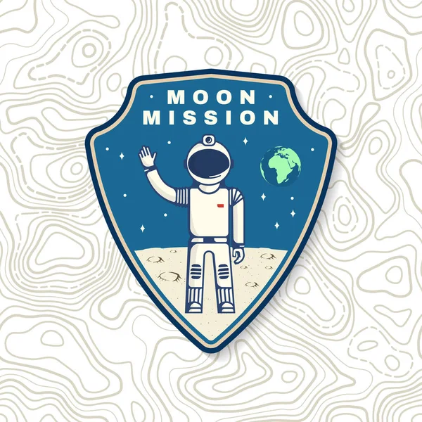 Logo de la mission Moon, badge, patch. Vecteur. Concept pour chemise, imprimé, timbre, superposition ou gabarit. Design typographique vintage astronaute sur la lune et la silhouette de la terre. — Image vectorielle