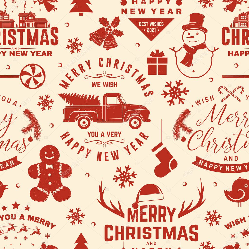 Merry Christmas and 2021 Happy New Year seamless pattern with snowflakes, hanging christmas ball, santa hat, candy. Vector illustration. Christmas background with new year emblem in retro style.