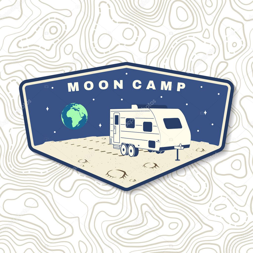 Moon camp logo, badge, patch. Vector illustration. Concept for shirt, print, stamp, overlay or template. Vintage typography design with camper van on the moon and earth silhouette.