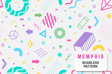 Memphis kusursuz desen. Vektör. Farklı yarım tonlu geometrik şekil ve renkli geometrik şekiller pürüzsüz desen.
