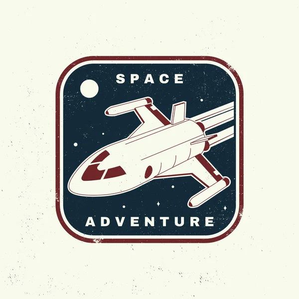 Space adventure logo, badge, shirt, t, design, print. Vector. Concept for shirt, print, stamp, overlay or template. Vintage typography design with space rocket and mars silhouette. — Stock Vector