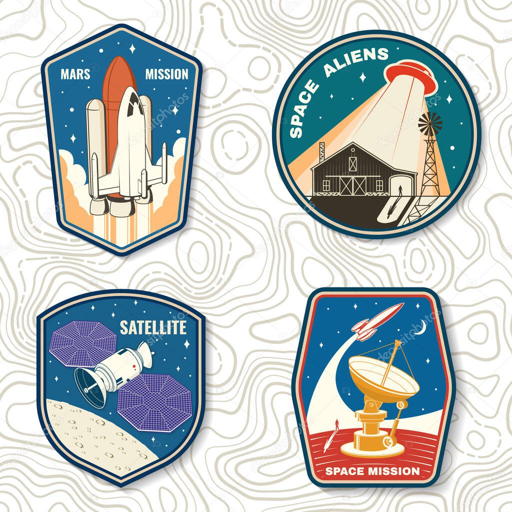 Set of space mission logo, badge, patch. Vector illustration. Concept for shirt, print, stamp. Vintage typography design with space rocket, alien, ufo flying spaceship and satellite dishes silhouette.