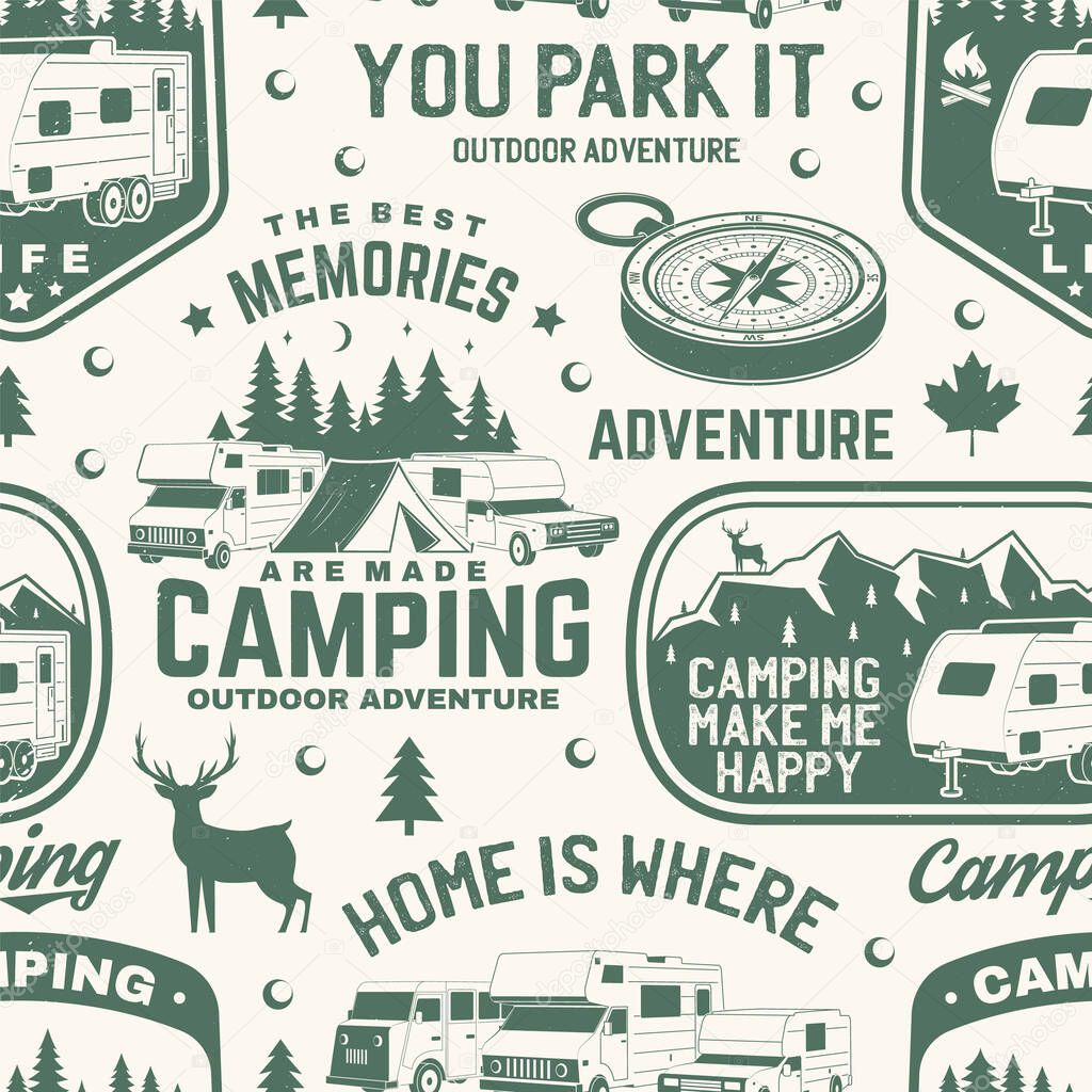 Set of outdoor adventure seamless pattern, background. Vector. Seamless camping pattern with RV Motorhome, camping trailer, compass and off-road car silhouette. Camping texture