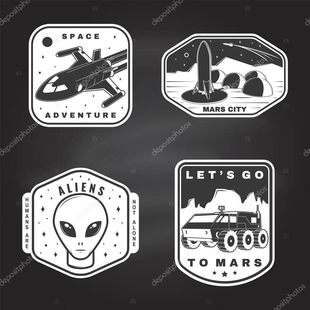 Set of space mission logo, badge, patch. Vector illustration Concept for shirt, print, stamp. Vintage typography design with space rocket, alien, mars city, camper van on the moon and earth silhouette