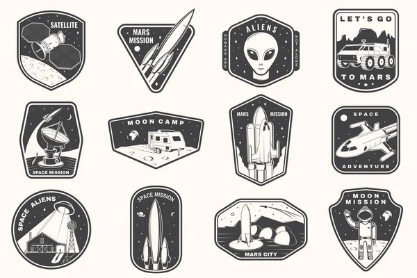 Set of space mission logo, badge, patch. Vector. Concept for shirt, print, stamp. Vintage typography design with space rocket, alien, mars city, camper van on the moon and earth silhouette — Stock Vector