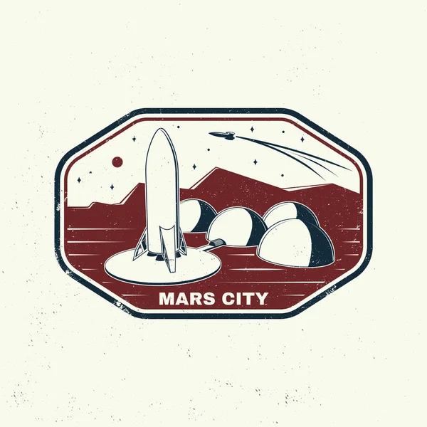 Mars city logo, badge, patch. Vector illustration Concept for shirt, print, stamp, overlay or template. Vintage typography design with space rocket and mars city silhouette. — Stock Vector