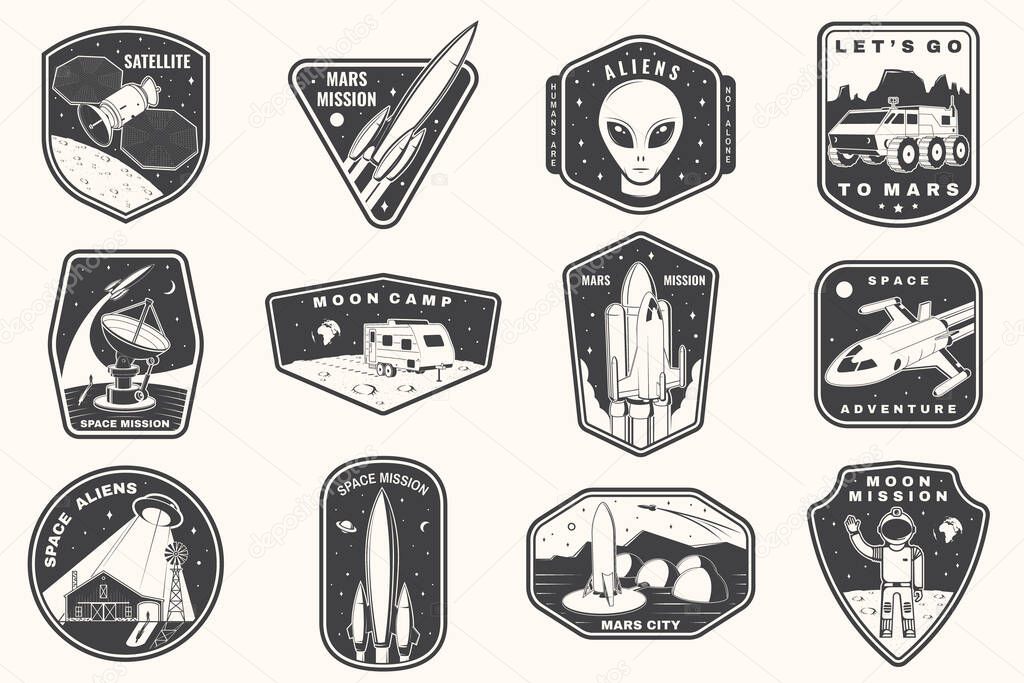 Set of space mission logo, badge, patch. Vector. Concept for shirt, print, stamp. Vintage typography design with space rocket, alien, mars city, camper van on the moon and earth silhouette