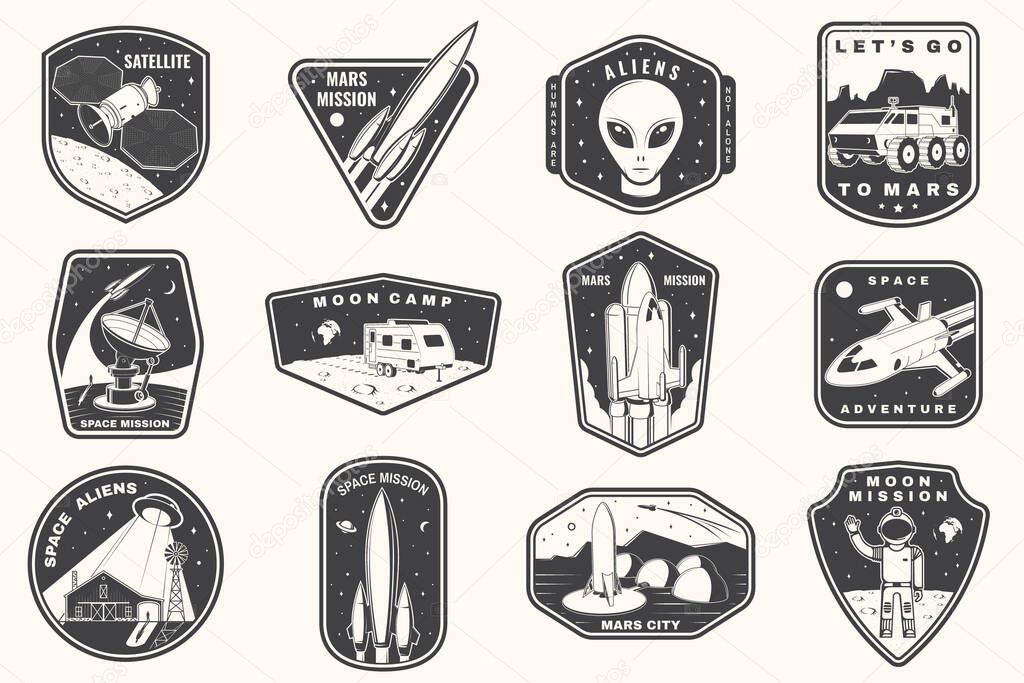 Set of space mission logo, badge, patch. Vector illustration Concept for shirt, print, stamp. Vintage typography design with space rocket, alien, mars city, camper van on the moon and earth silhouette