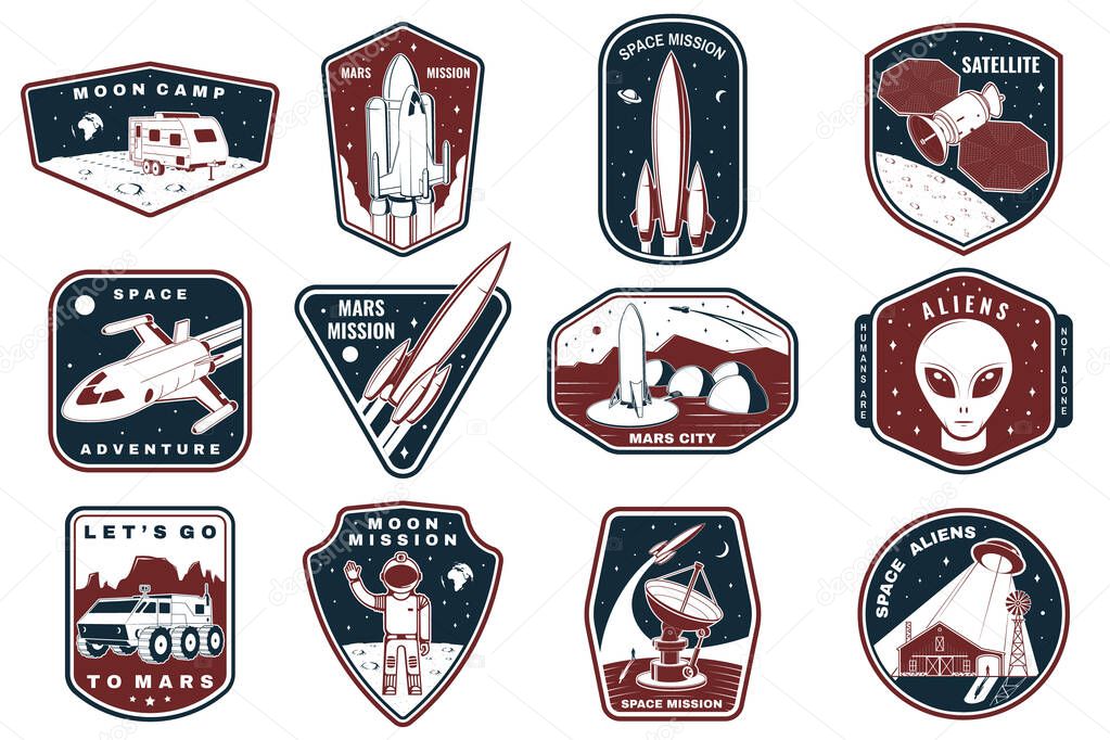 Set of space mission logo, badge, patch. Vector illustration Concept for shirt, print, stamp. Vintage typography design with space rocket, alien, mars city, camper van on the moon and earth silhouette