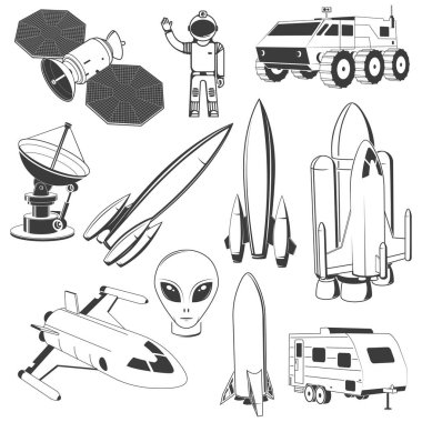 Uzay simgesi seti. Vektör. Gömlek, baskı, pul. Uzay adamı, astronot, uydu, uzaylı, mekik, roket, Mars aracı, karavan, mekik..