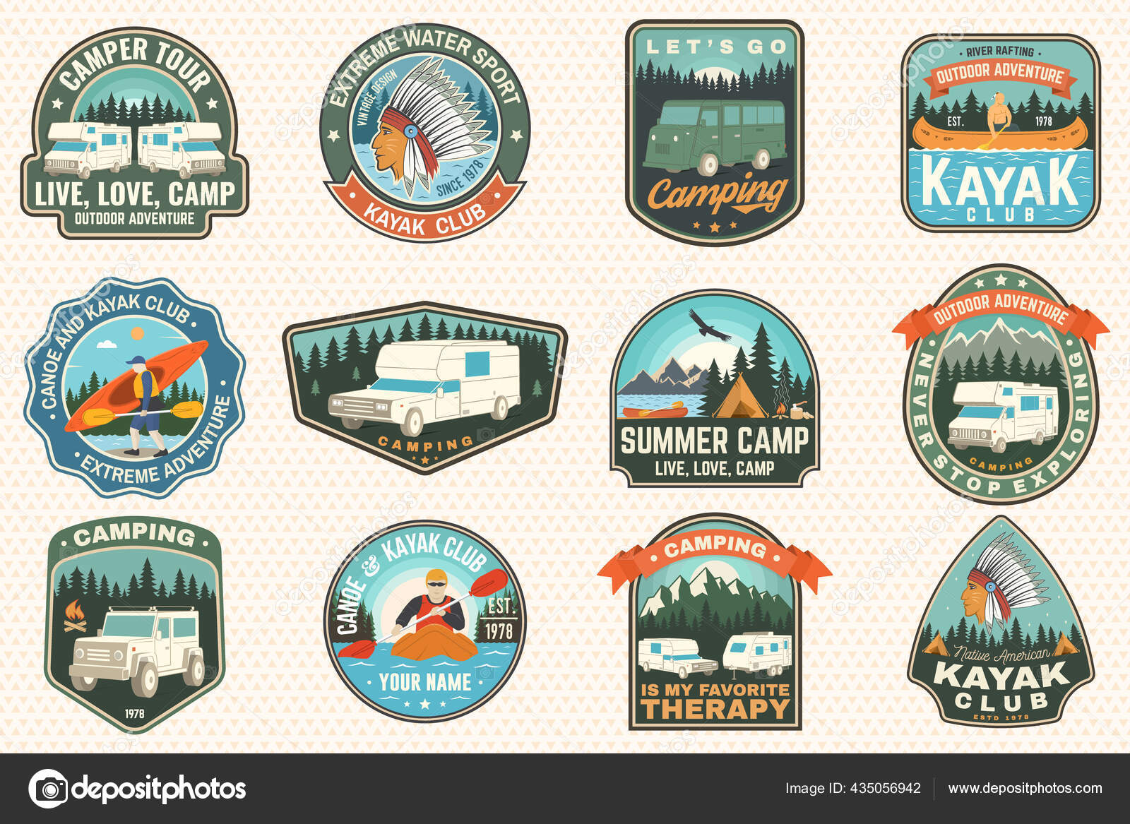 Set of summer camp, canoe and kayak club badges. Vector. For patch