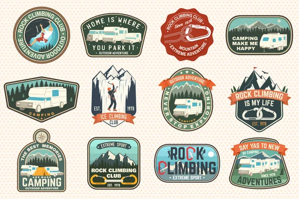 Set of Rock Climbing club and summer camp badges Vector Concept for shirt or print, stamp, patch or tee. Vintage typography design with camping tent, trailer, camper, climber, carabiner and mountains — Stock Vector