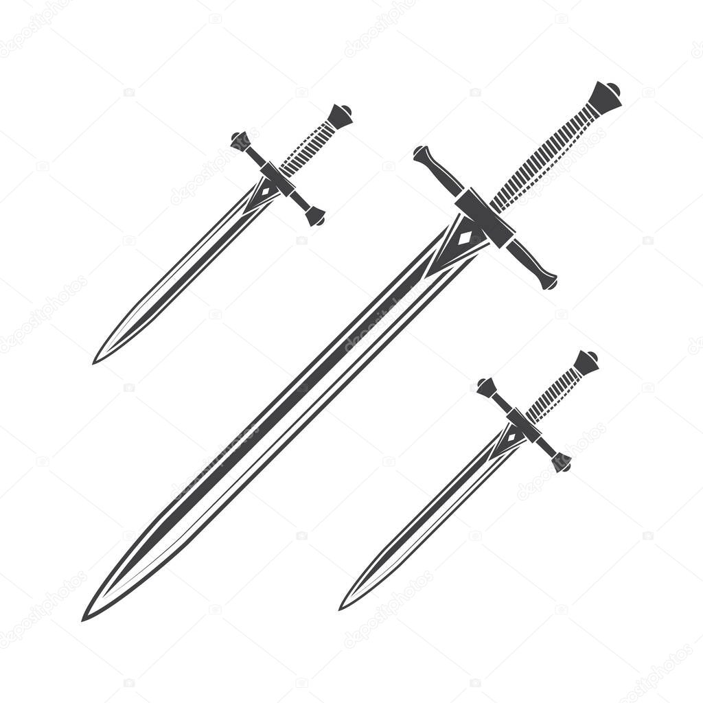 Knife, dagger and sword isolated on the white background. Vector illustration Knight equipment icon knife, dagger and sword isolated silhouette.