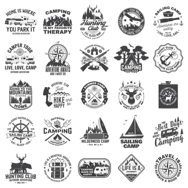 Conjunto de clube de vela, clube de caça e crachás de acampamento, patches. Vector. Conceito para camisa ou logotipo, impressão, carimbo ou tee. Design com barco à vela, motor home, camping silhueta reboque. —  Vetores de Stock