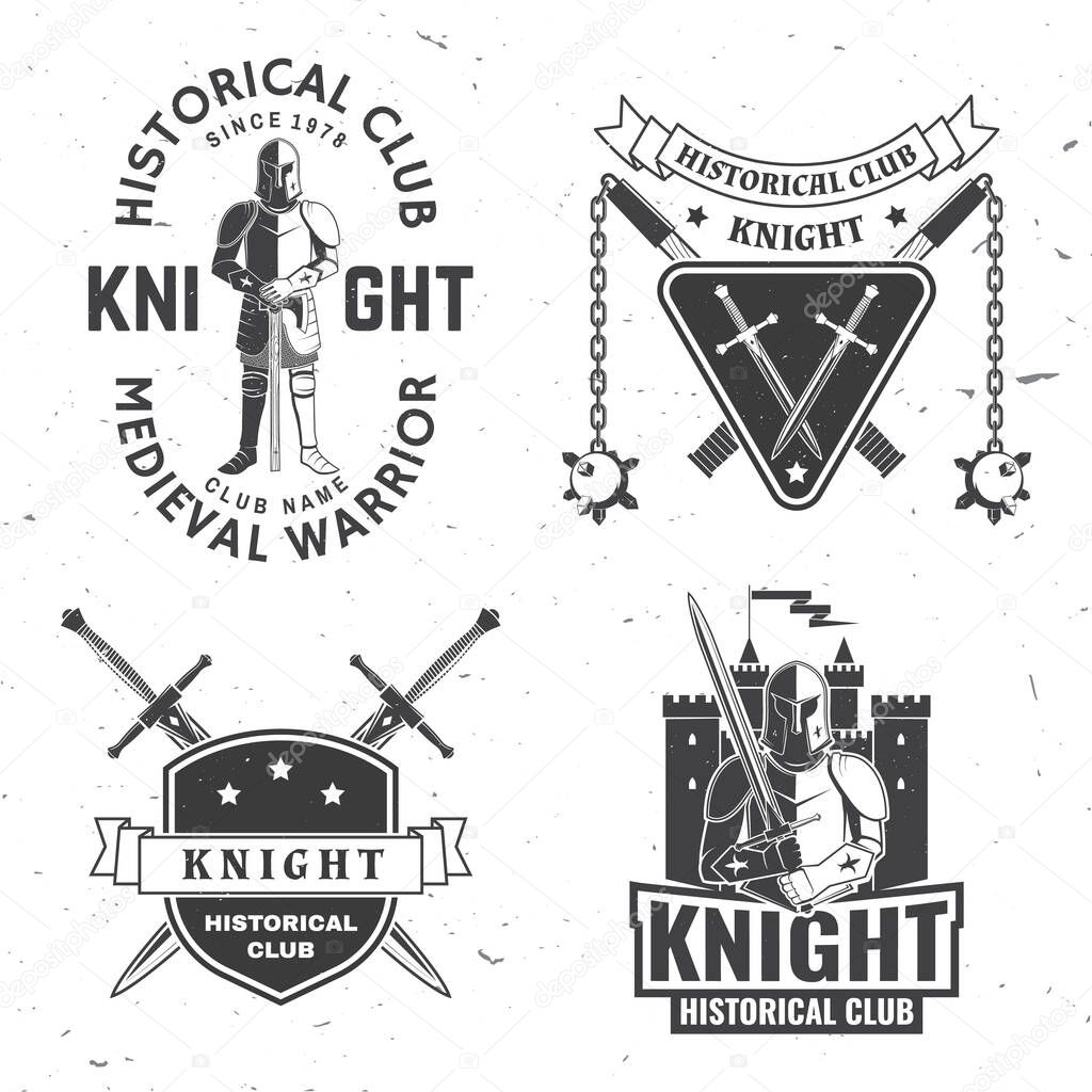Set of knight historical club badge design Vector Concept for shirt, print, stamp, overlay or template. Vintage typography design with knight, flail with spiked ball, swords castle silhouette