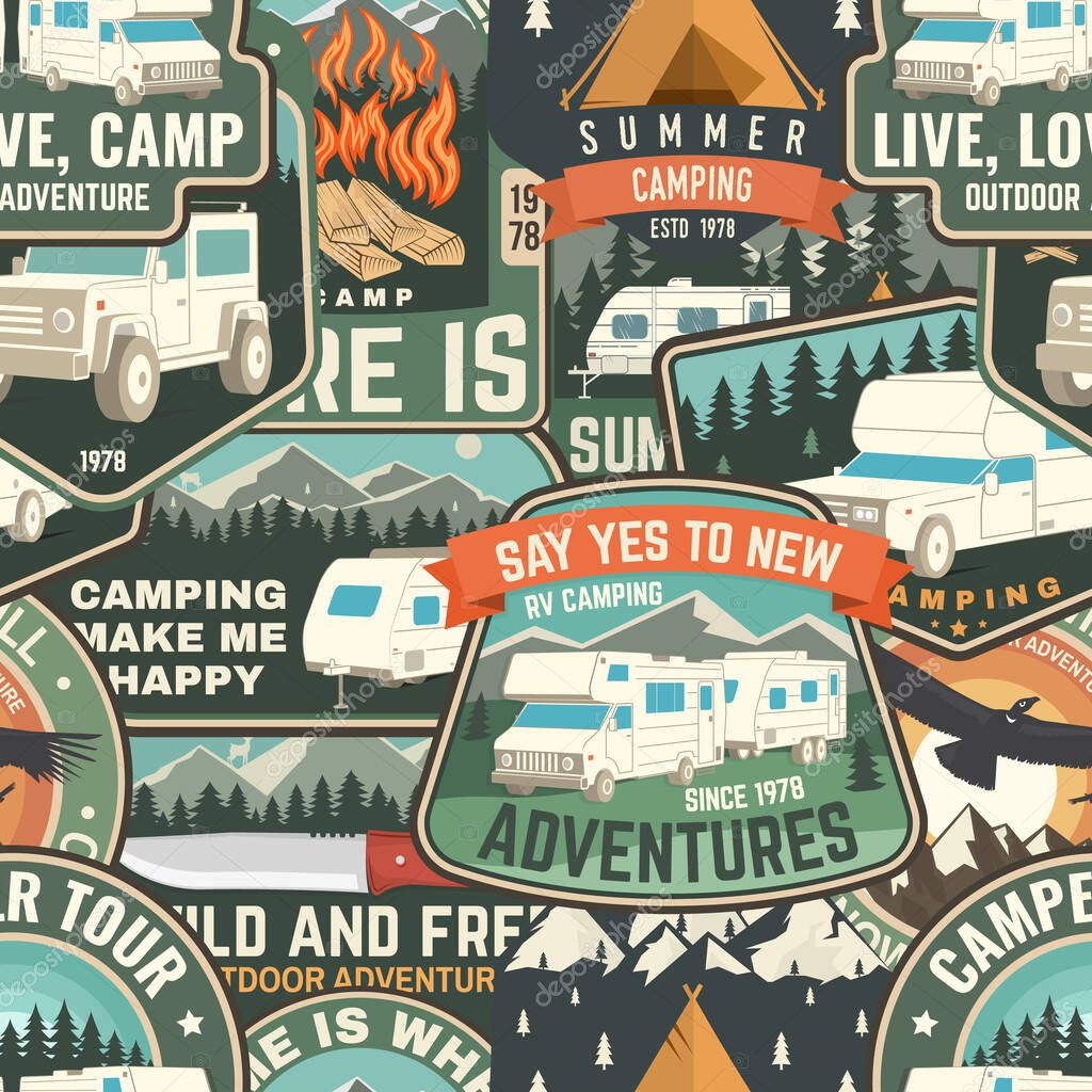 Summer camp colorful seamless pattern with rv trailer, camping tent, campfire, bear,camping tent and inspirational quotes. Vector illustration. Background, wallpaper, seamless pattern with patches
