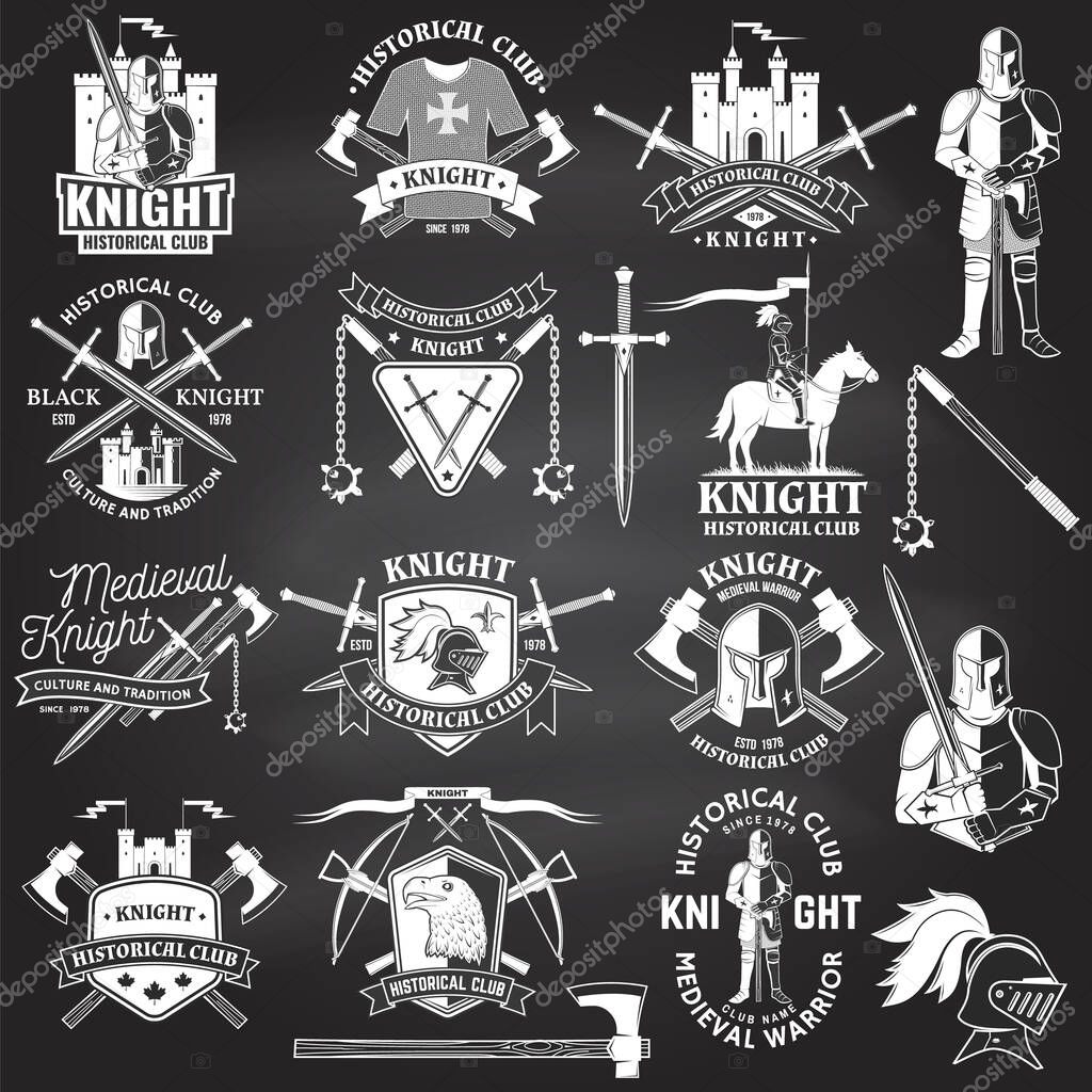 Set of knight historical club badge design. Vector Concept for shirt, print, stamp, overlay or template. Vintage typography design with knight, knight on a horse, swords, axe, castle silhouette