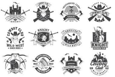 Şövalye tarihi ve kovboy kulübü tasarımı Vector Concept gömlek, baskı, mühür, kaplama ya da şablon için. Şövalyeli klasik tipografi tasarımı, atlı şövalye, kılıç, balta, kale silueti