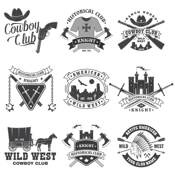 Conjunto de cavaleiro histórico e cowboy clube de design Vector Concept para camisa, impressão, carimbo, sobreposição ou modelo. Desenho tipográfico vintage com cavaleiro, cavaleiro sobre cavalo, espadas, machado, silhueta do castelo — Vetor de Stock