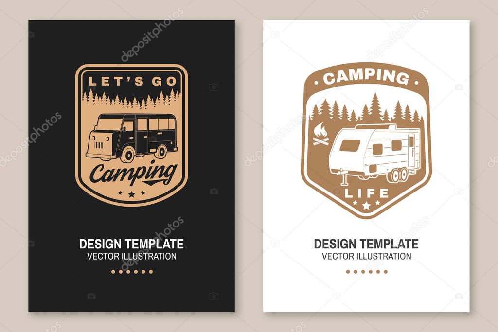 Lets go camping. Posters, banners, flyers. Vector. Concept for shirt or logo, print, stamp or tee. Vintage typography design with RV Motorhome and forest silhouette. Camping quote.