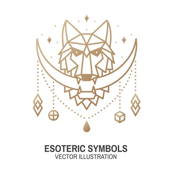 Esoterische symbolen. Vector. Geometrische badge met dunne lijn. Schets icoon voor alchemie of heilige geometrie. Mystiek en magisch ontwerp met maan in de mond van een wolf — Stockvector