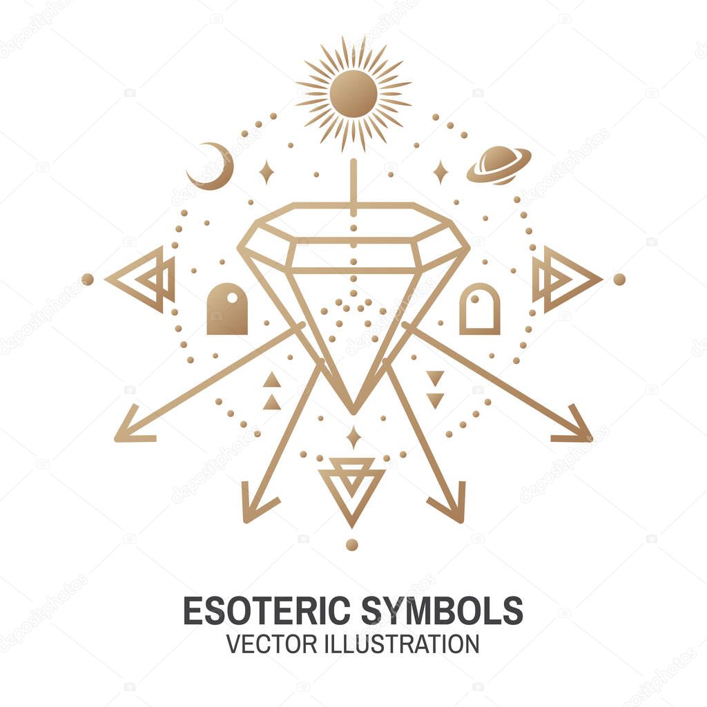 Esoteric symbols. Vector. Thin line geometric badge. Outline icon for alchemy or sacred geometry. Mystic and magic design with alchemy symbols and crystals.
