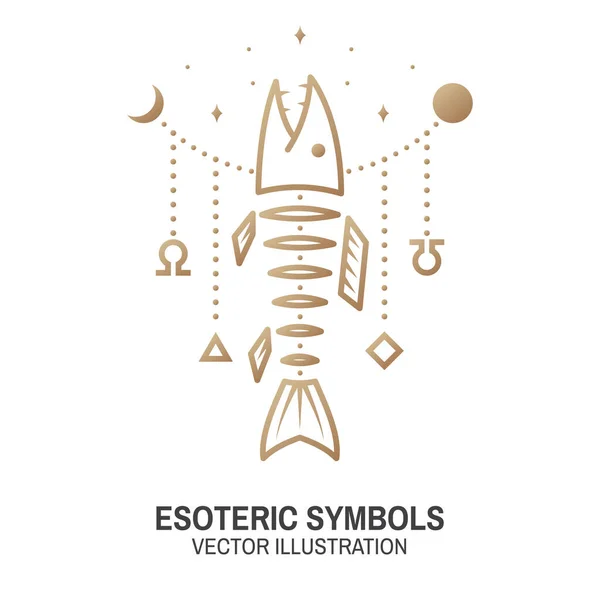 Esoteric symbols. Vector. Thin line geometric badge. Outline icon for alchemy or sacred geometry. Mystic and magic design with Fish bone — Stock Vector