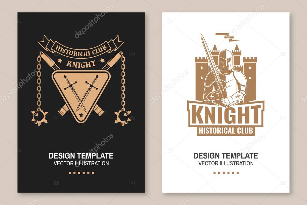 Medieval knight historical club flyer, brochure, banner, poster. Vector Concept for shirt, print, stamp, overlay or template. Vintage typography design with battle axe, flail, knight and sword