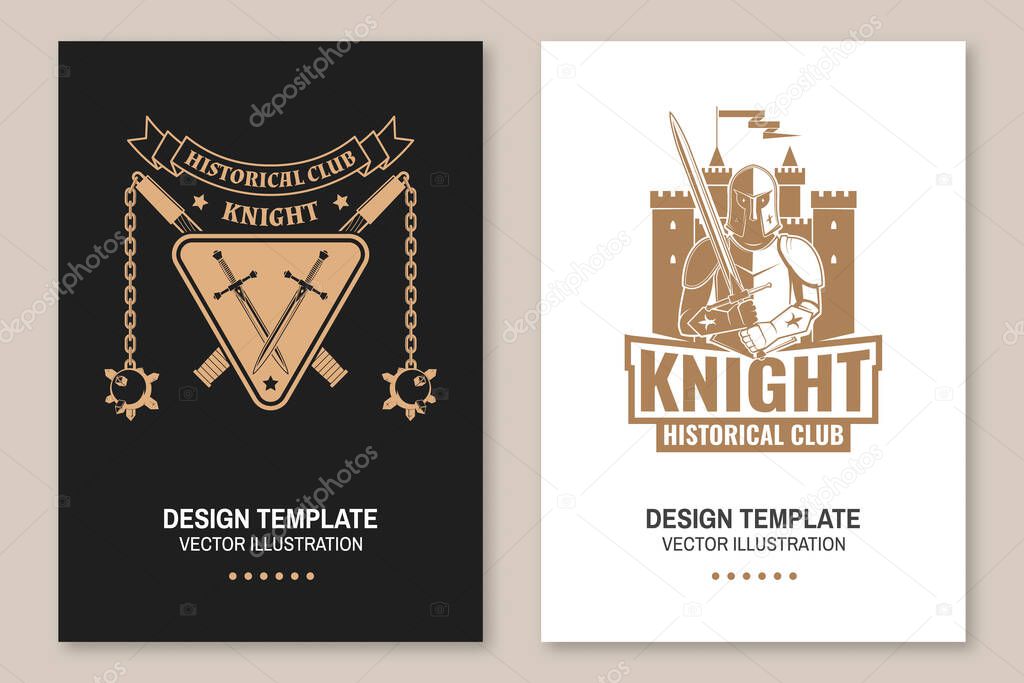 Medieval knight historical club flyer, brochure, banner, poster Vector Concept for shirt, print, stamp, overlay or template. Vintage typography design with battle axe, flail, knight and sword