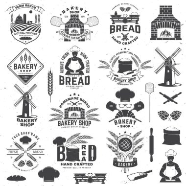 Pastane rozeti takımı. Yel değirmeni, merdane, hamurlu, buğday kulaklı, eski fırınlı, tahta ekmek kürekli siluetli vektör tasarımı. Restoran, fırın kimlik nesneleri, ambalaj menüsü