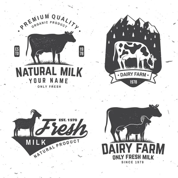 Granja lechera. Solo insignia de leche fresca, logo. Vector. Diseño tipográfico con silueta de vaca, cabra. Plantilla para la industria láctea y lechera - tienda, mercado, envasado y menú — Vector de stock